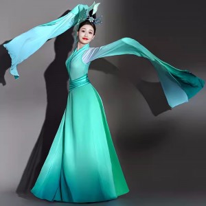 Green Gradient waterfall sleeves chinese folk Classical dance costumes for women girls fairy hanfu Tang Dynasty Art Examination Water sleeve dance dresses